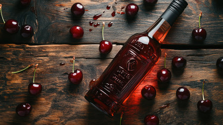 A bottle of Kirsch on a rustic table with scattered cherry fruits, offering a traditional and sweet vibe, highlighting the flavors of this cherry-based alcoholの素材