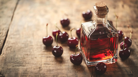 A close-up of a glass bottle of Kirsch, with fresh cherries scattered on a wooden table, capturing the rich, fruity flavor of this cherry-infused alcoholic drinkの素材