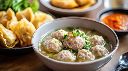 A bowl of bakso meatball soup served with a side of crispy fried wontons and sambal, the combination of crunchy and soft textures highlighted in a vibrant food sceneの素材