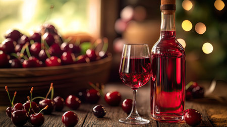 A bottle of Kirsch cherry liquor next to a glass filled with the spirit, resting on a wooden surface, with ripe cherries in the background, evoking sweet indulgenceの素材