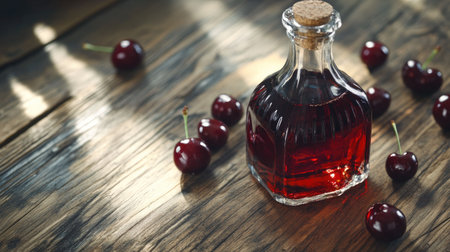 A close-up of a glass bottle of Kirsch, with red cherries placed around on a wooden table, capturing the essence of this cherry-based alcoholic beverageの素材