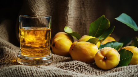 A close-up of a glass filled with quince liquor, with ripe quince fruits resting on a canvas backdrop, emphasizing the sweet and fruity flavors of the alcoholの素材