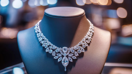 A close-up of a diamond necklace on a mannequin in a boutique showcase, sparkling under spotlight, showcasing luxury and eleganceの素材