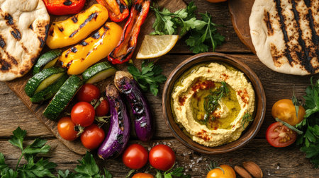 A flat-lay of a colorful Mediterranean meal with grilled vegetables, pita bread, and hummus, beautifully composed on a rustic wooden table, showcasing balance and flavorの素材