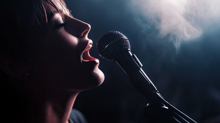 A close-up of a vocalist singing into a microphone, with the mic in sharp focus and the singer slightly blurred, set against a dark, dramatic backgroundの素材