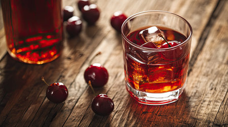 A close-up of a glass of Kirsch with its bottle beside it on a rustic wooden table, surrounded by fresh cherries, highlighting the sweet essence of cherry liquorの素材