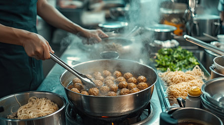 A detailed look at the process of making bakso meatball soup, from rolling the meatballs to cooking the noodles and assembling the final dish in a bustling kitchenの素材
