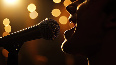 A close-up of a vocalist singing into a microphone, with the mic in sharp focus and the singer slightly blurred, set against a dark, dramatic backgroundの素材