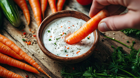 A close-up of a hand dipping a bright orange carrot into a bowl of creamy ranch, with fresh veggies on a wooden table, capturing a tasty and healthy snack momentの素材