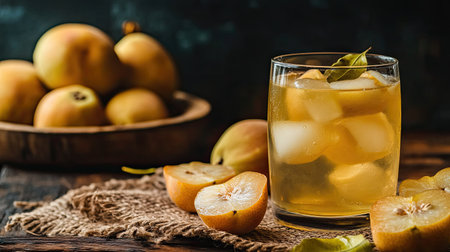 A close-up of a glass of quince alcohol, with whole and sliced quince fruits scattered on a rustic canvas background, highlighting the essence of this fruity beverageの素材