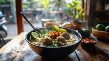 A cozy Indonesian cafa with a steaming bowl of bakso meatball soup on the table, garnished with lime wedges and sambal, with a view of the street outside through the windowの素材