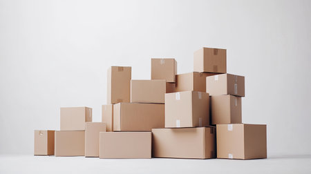 A collection of stacked cardboard boxes on a simple white background, some with fragile markings, highlighting logistics, safe shipping, and storageの素材