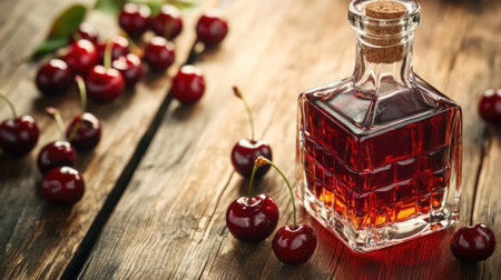 A close-up of Kirsch liquor in a glass bottle on a wooden table, with cherry fruits placed artistically around, emphasizing the sweet and natural origins of the alcoholの素材