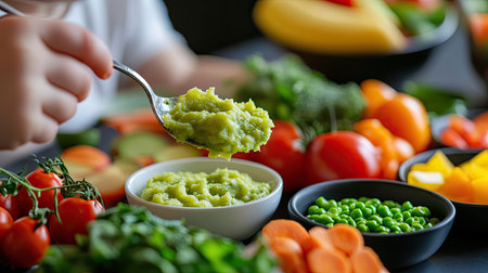 A close-up of a motheraes hand feeding her baby a spoonful of creamy mashed peas, with fresh vegetables and fruits arranged on the table, highlighting healthy baby mealsの素材
