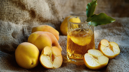 A close-up of quince fruits and a glass of quince alcohol drink on a canvas background, showcasing the natural ingredients and rich flavors of this unique beverageの素材
