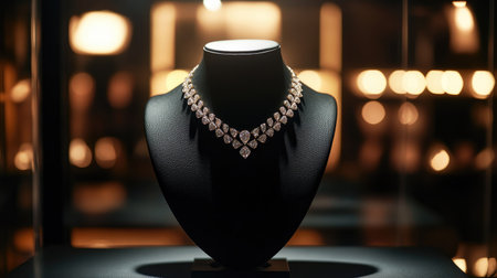 A glamorous diamond necklace showcased on a black mannequin in a boutique, glowing under elegant lighting, perfect for luxury jewelry presentationの素材