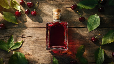 A glass bottle of Kirsch liquor on a wooden table, with fresh cherries and leaves scattered around, capturing the essence of this fruit-infused alcoholic beverageの素材