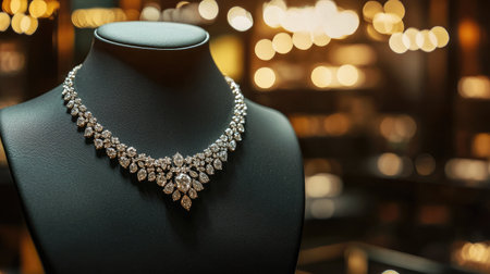 A glamorous diamond necklace showcased on a black mannequin in a boutique, glowing under elegant lighting, perfect for luxury jewelry presentationの素材