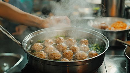 A detailed look at the process of making bakso meatball soup, from rolling the meatballs to cooking the noodles and assembling the final dish in a bustling kitchenの素材