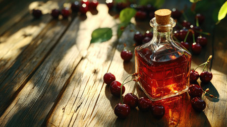 A close-up of Kirsch liquor in a glass bottle on a wooden table, with cherry fruits placed artistically around, emphasizing the sweet and natural origins of the alcoholの素材