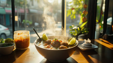 A cozy Indonesian cafa with a steaming bowl of bakso meatball soup on the table, garnished with lime wedges and sambal, with a view of the street outside through the windowの素材