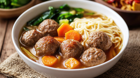 A close-up shot of a traditional Indonesian bakso meatball soup in a white bowl, featuring large meatballs, yellow noodles, fresh vegetables, and a flavorful broth on a rustic wooden tableの素材