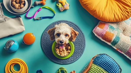 A dog enjoying a healthy meal on a designer pet mat, surrounded by stylish accessories like colorful leashes, interactive toys, and a luxurious dog bedの素材