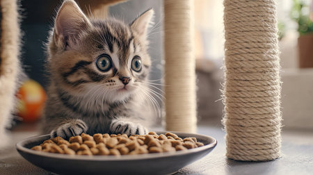 A fluffy kitten curiously looking at a bowl of high-quality grain-free cat food, surrounded by modern cat accessories like scratching posts and interactive toysの素材