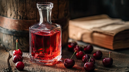 A glass bottle of Kirsch cherry liquor, placed on a wooden table with a glass of the spirit, ripe cherries scattered around, capturing a sweet and fruity momentの素材