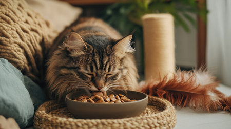 A content cat nibbling on premium wet food from a stylish ceramic bowl, with sleek pet accessories like scratch posts, feather toys, and luxury beds nearbyの素材