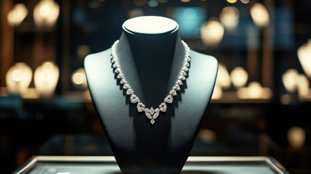 A luxury diamond necklace displayed on a mannequin in a boutique showcase, sparkling under soft lighting, exuding elegance and refinementの素材