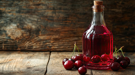 A glass bottle of Kirsch with fresh cherries beside it on a wooden table, capturing the essence of the sweet, fruity flavors of this cherry-based alcoholic drinkの素材
