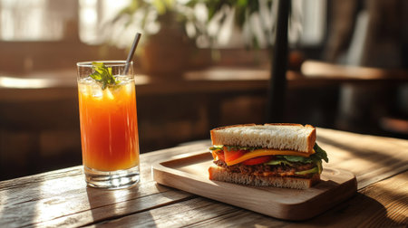 A glass of fresh juice with a gourmet sandwich, beautifully arranged on a minimalist wooden table, with perfect lighting creating a casual yet refined dining sceneの素材