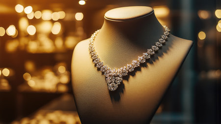 A high-end diamond necklace resting on a mannequin in a boutique's showcase, glowing under warm lighting, representing luxury and refinementの素材