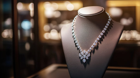 A high-end diamond necklace elegantly draped on a mannequin in a boutique showcase, surrounded by soft lighting that enhances its sparkleの素材