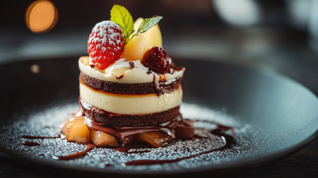 A luxurious dessert with layers of chocolate, fruit, and cream, perfectly plated on a sleek dish, with soft lighting enhancing the artistic detailsの素材