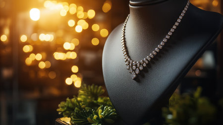 A high-end boutique showcase featuring a luxury diamond necklace on a sleek mannequin, glowing under warm lighting that enhances its brillianceの素材