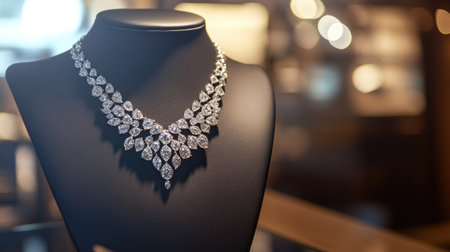 A luxury diamond necklace displayed on a mannequin in a boutique showcase, sparkling under soft lighting, exuding elegance and refinementの素材