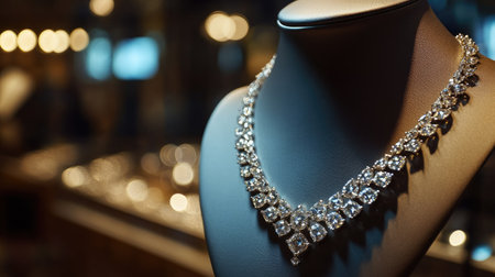 A high-end diamond necklace draped on a mannequin in a luxury boutique, the showcase lighting reflecting its brilliance and classic designの素材