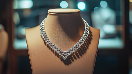 A luxury diamond necklace on display in a boutique, arranged on a mannequin under soft lighting to highlight its timeless eleganceの素材
