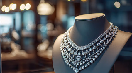 A luxury diamond necklace displayed on a mannequin, placed elegantly in a boutique showcase with soft lighting, emphasizing its timeless beautyの素材