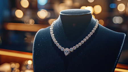 A luxury diamond necklace on a velvet mannequin, displayed in a boutique showcase, the soft lighting highlighting its brilliance and eleganceの素材
