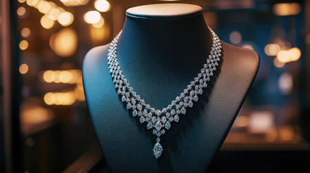 A luxury diamond necklace on display in a boutique, arranged on a mannequin under soft lighting to highlight its timeless eleganceの素材