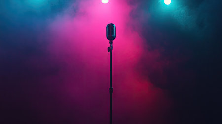 A microphone on a stand positioned center stage, illuminated by soft colored lights, with a dark concert venue background, representing audio and live musicの素材