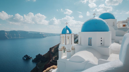 A peaceful shot of the Orthodox Church in Oia, Santorini, with its signature blue dome, whitewashed walls, and breathtaking view of the sea and cliffsの素材