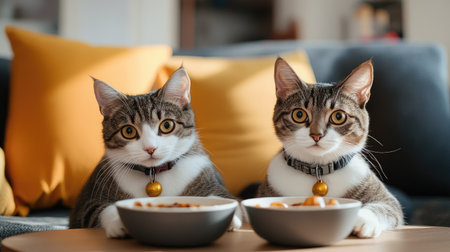 A pair of cats sharing a gourmet feast, with sleek pet accessories like modern food bowls, cozy beds, and stylish collars in a cozy, well-decorated roomの素材