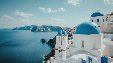 A picturesque view of the Orthodox Church in Oia, Santorini, with its blue dome and white facade, standing out against the deep blue sea and skyの素材