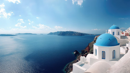 A panoramic view of the blue-domed Orthodox Church in Oia, Santorini, with the crystal-clear waters of the Aegean Sea and bright blue sky in the backgroundの素材