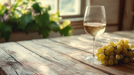 A rustic setup with white wine, grapes on a vintage wooden table, soft natural light, and plenty of space for textの素材