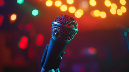 A shiny microphone resting on a stand with colorful lights in the background, symbolizing the energy of live music and performance in a karaoke or concert settingの素材